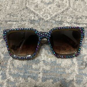 Rhinestone Embellished Square Sunglasses - Iridescent